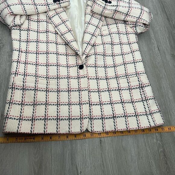 Vtg 90s Plaid Windowpane Blazer Academia Classic Ivory Navy blue Red 12 L - Picture 11 of 15